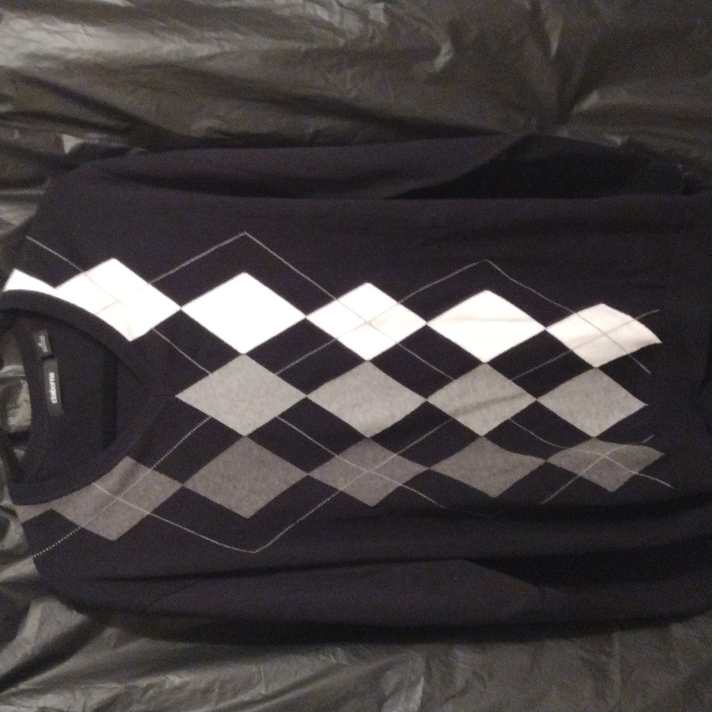 Claiborne 100% cotton black grey white argyle print v neck sweater - Picture 2 of 7